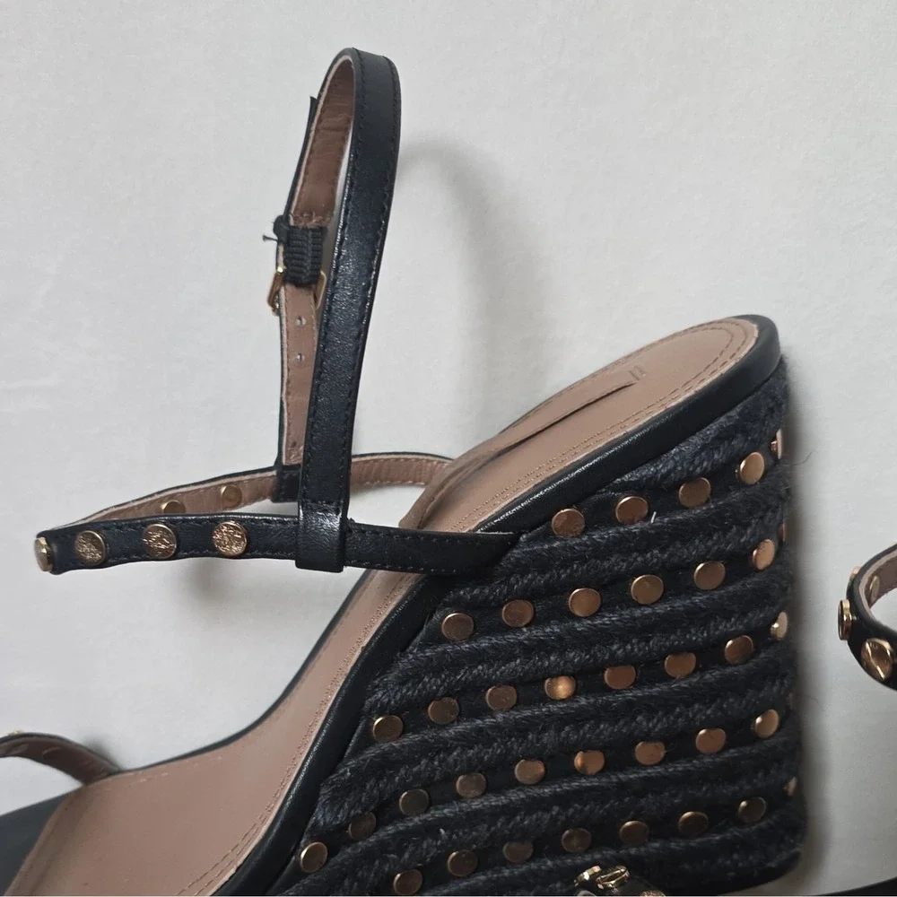 BCBGMAXAZRIA Paige Women's Black Calf Leather Studded Wedge 10M